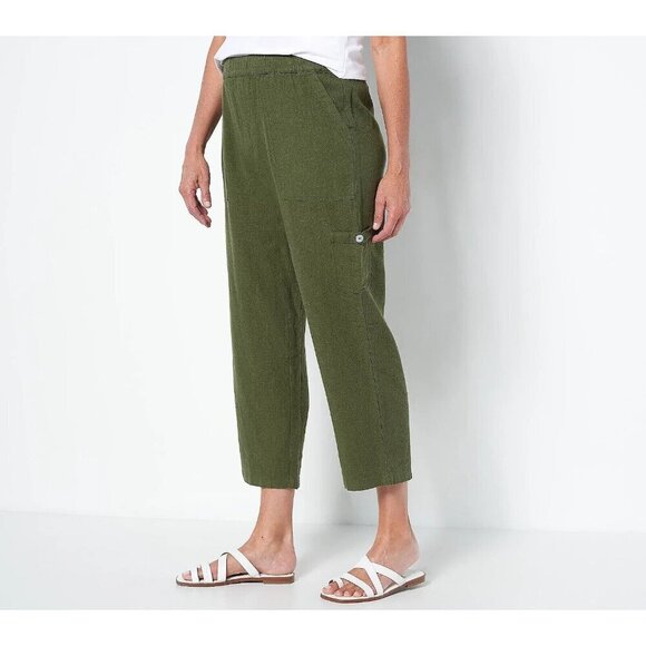 Susan Graver Regular Pure Easy Linen Utility Crop Pant Olive Green,XL - Picture 1 of 1